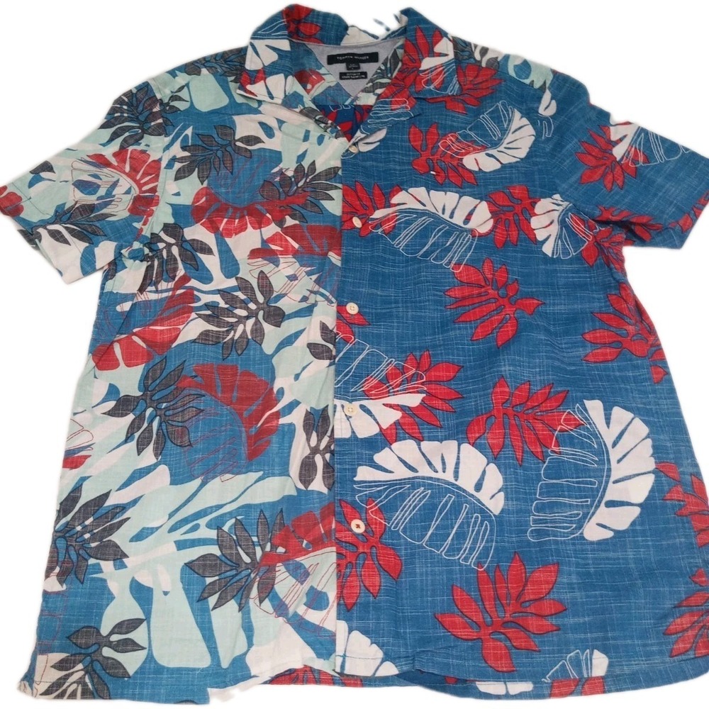 Tommy Hilfiger Shirt Men's Large Hawaiian Blue Palm trees Cotton